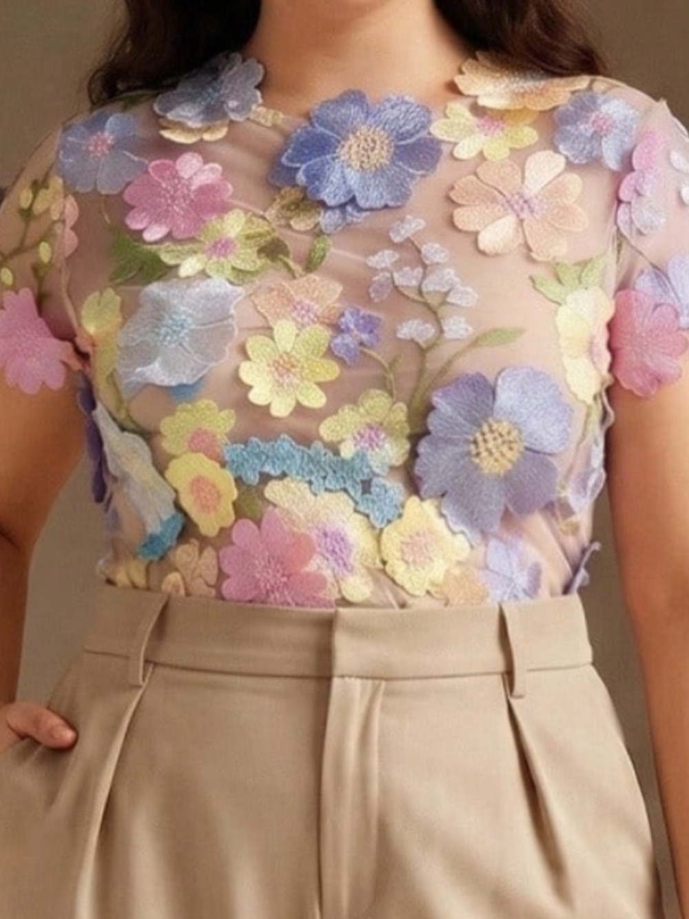 Classic Floral Applique Semi Sheer Short Sleeve Blouse - Picture 2 of 5